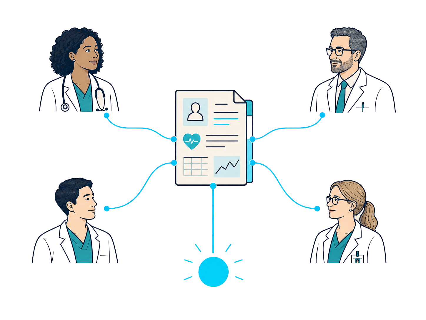 Specialists from different hospitals around one patient file, their lines of judgment converging into a single green conclusion